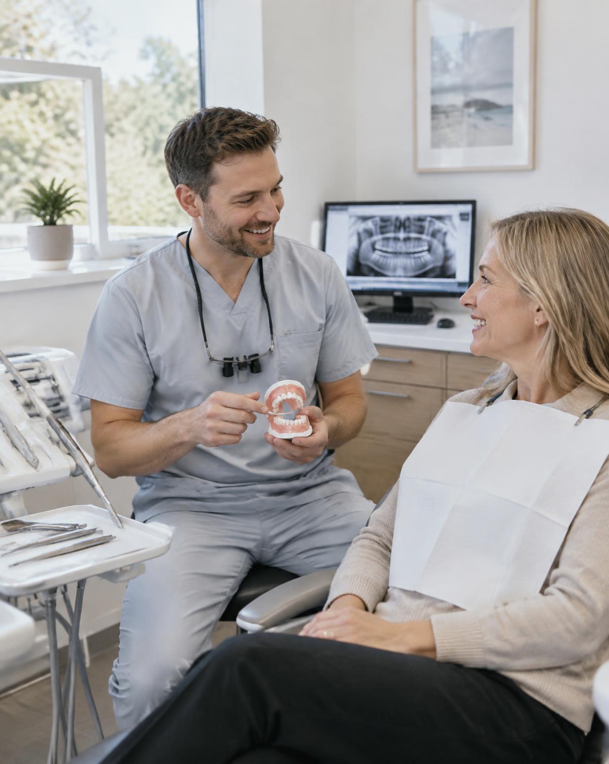 Dentist explaining treatment options to a patient using a dental model