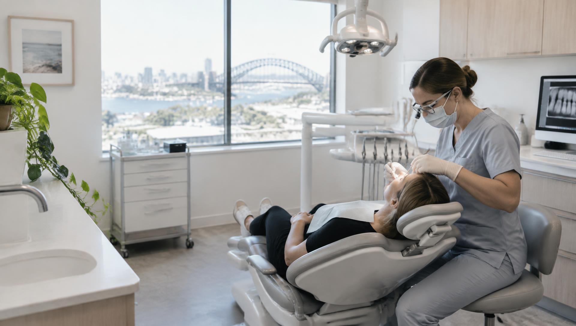 Dentist treating a patient in a bright treatment room